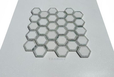 Thassos White Marble 2.5X2.5 Vortex Hexagon Mosaic W/Ming Green Border Polished&Honed