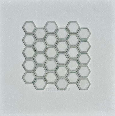 Thassos White Marble 2.5X2.5 Vortex Hexagon Mosaic W/Ming Green Border Polished&Honed