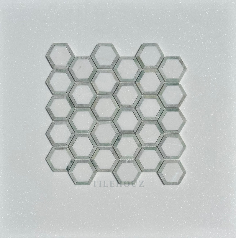 Thassos White Marble 2.5X2.5 Vortex Hexagon Mosaic W/Ming Green Border Polished&Honed