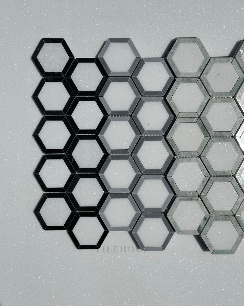 Thassos White Marble 2.5X2.5 Vortex Hexagon Mosaic W/Ming Green Border Polished&Honed