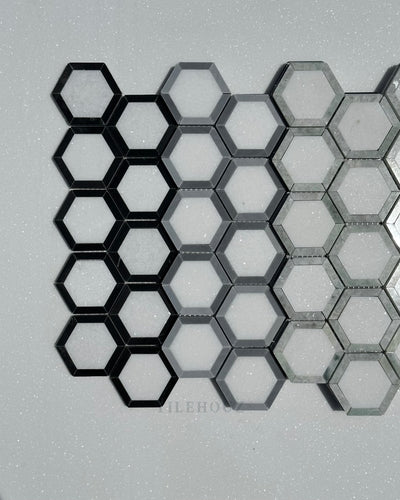 Thassos White Marble 2.5X2.5 Vortex Hexagon Mosaic W/Nero Marquina (Black) Border Polished&Honed