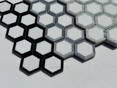 Thassos White Marble 2.5X2.5 Vortex Hexagon Mosaic W/Nero Marquina (Black) Border Polished&Honed