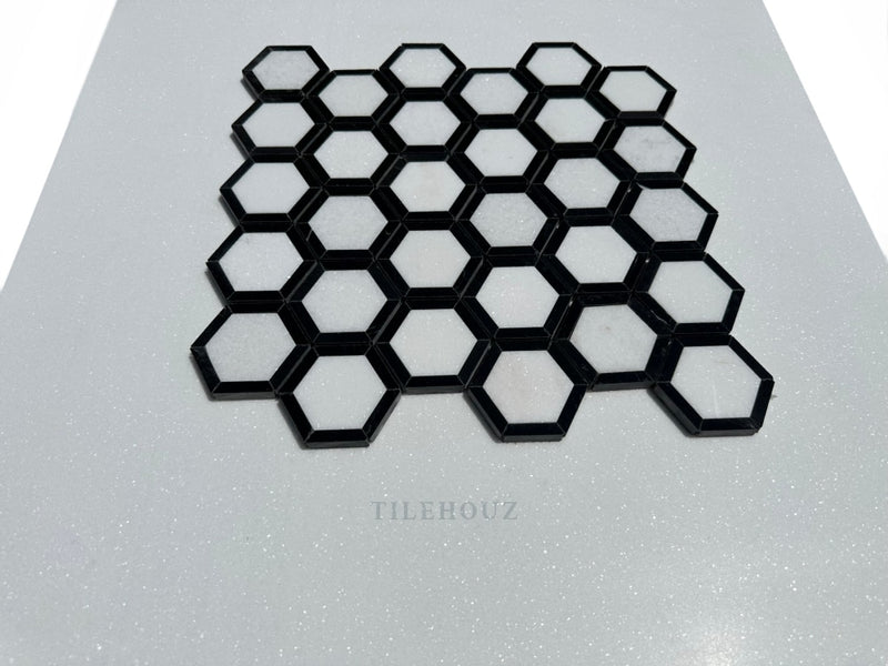 Thassos White Marble 2.5X2.5 Vortex Hexagon Mosaic W/Nero Marquina (Black) Border Polished&Honed