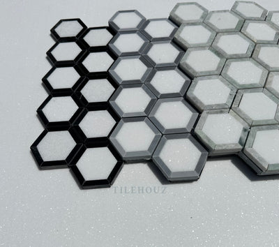 Thassos White Marble 2.5X2.5 Vortex Hexagon Mosaic W/Nero Marquina (Black) Border Polished&Honed