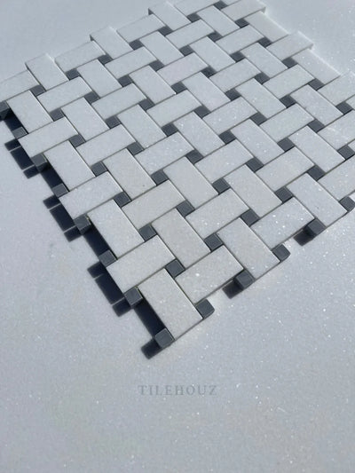 Thassos White Marble Basketweave Mosaic Tile W/ Bardiglio/Blue-Gray Dots Polished&Honed