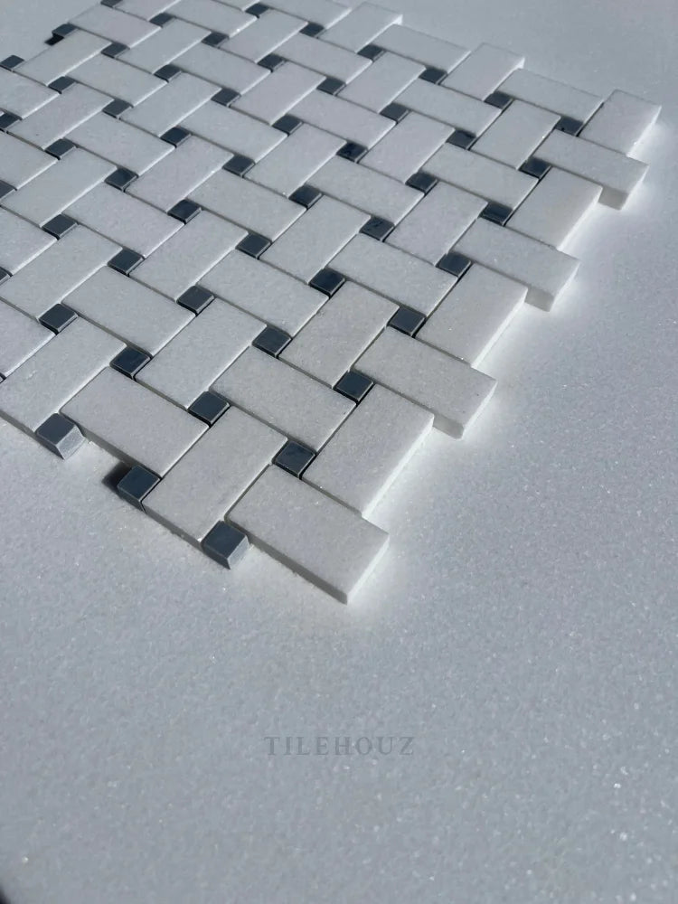 Thassos White Marble Basketweave Mosaic Tile W/ Bardiglio/Blue-Gray Dots Polished&Honed