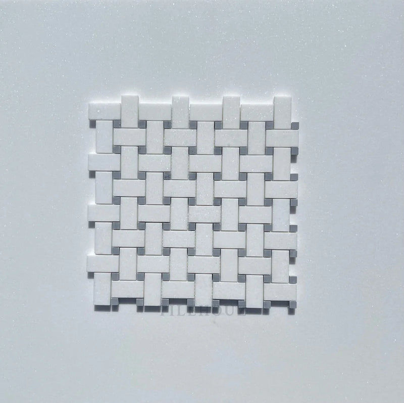 Thassos White Marble Basketweave Mosaic Tile W/ Bardiglio/Blue-Gray Dots Polished&Honed