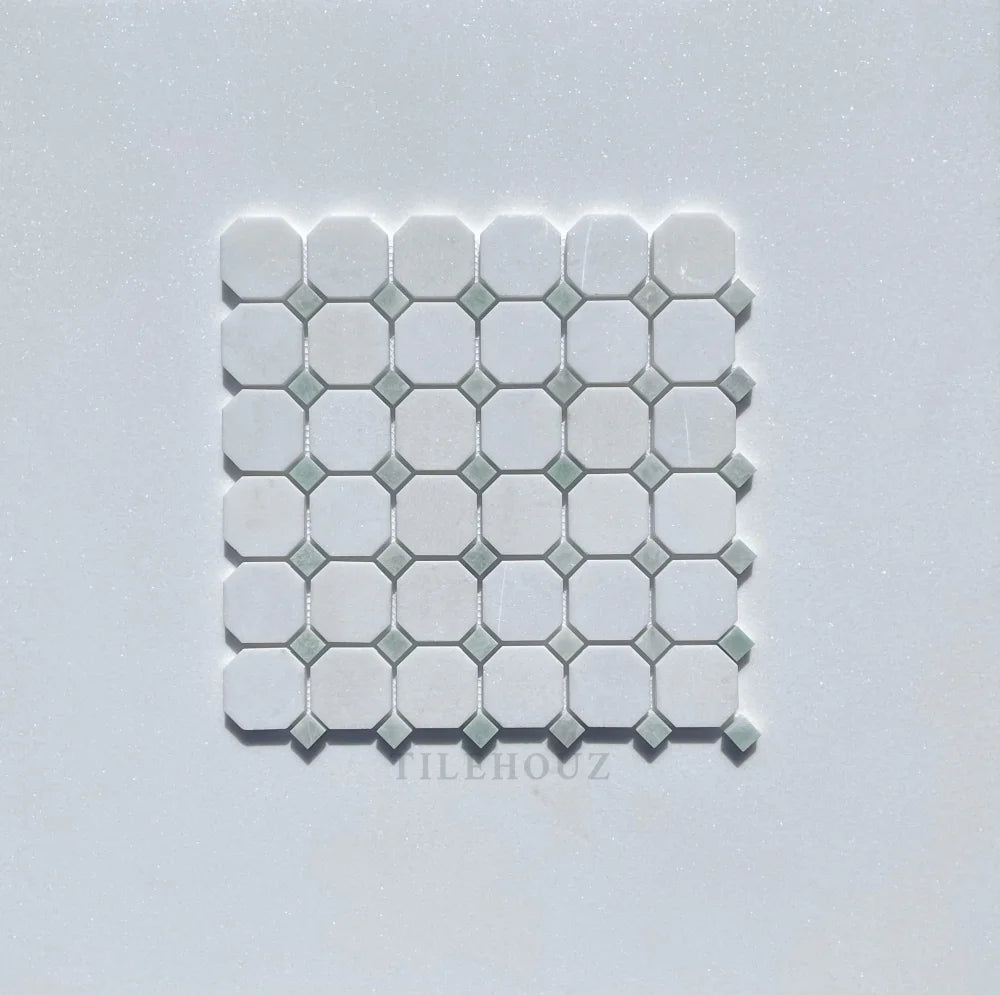 Thassos White Marble Octagon Mosaic w/Ming Green Dots Polished&Honed ...