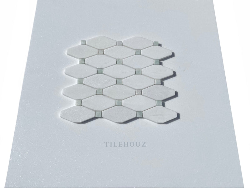 Thassos White Marble Octave Mosaic W/Ming Green Dots Polished&Honed