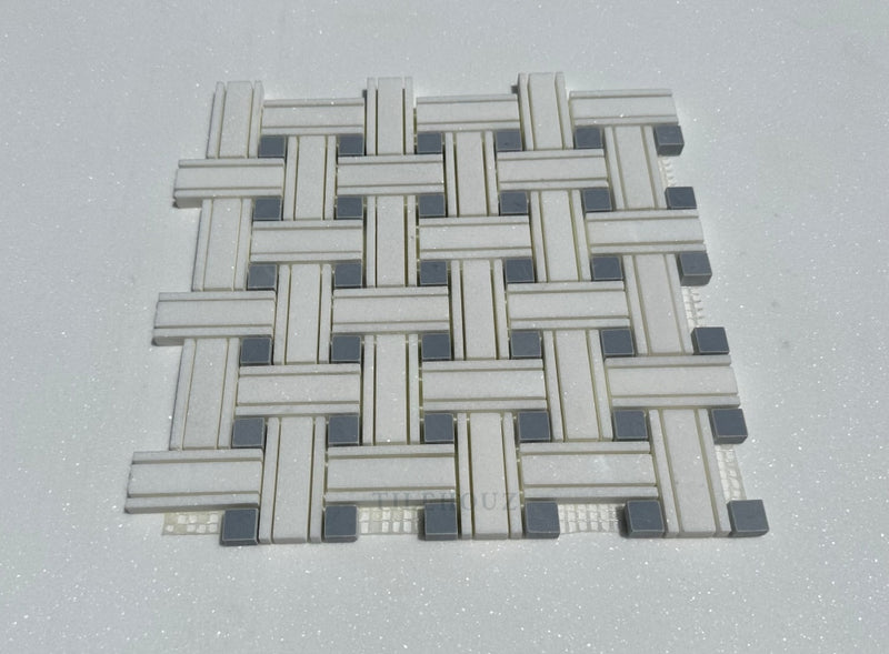 Thassos White Marble Triple-Weave Mosaic W/Bardiglio (Blue-Gray)Marble Dots Polished&Honed