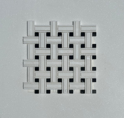 Thassos White Marble Triple-Weave Mosaic W/Nero Marquina (Black Marble) Polished&Honed