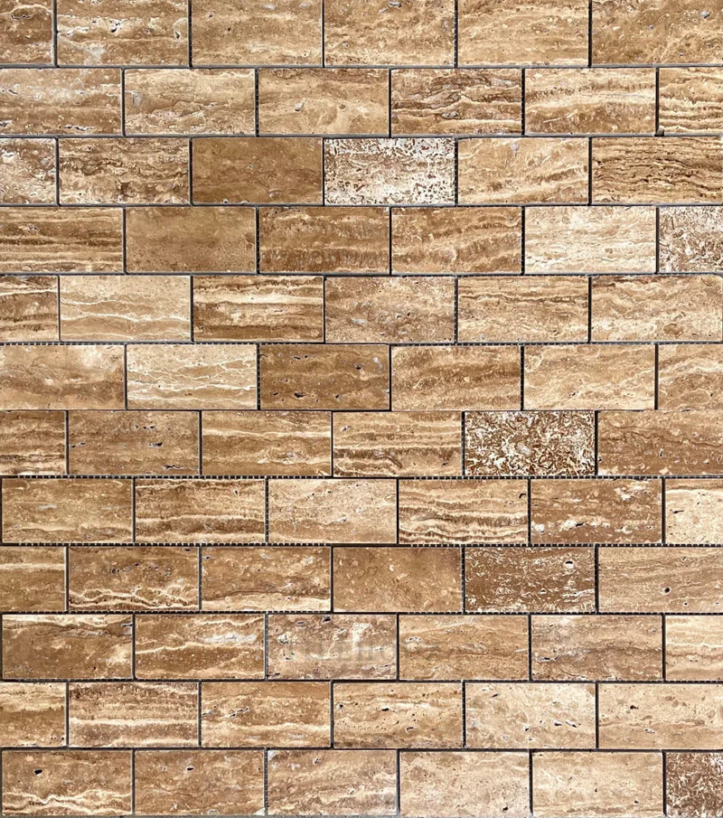 Wood Look Travertine Vein-Cut 2X4 Brick Mosaic