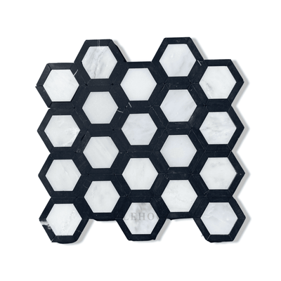 Asian Statuary White Vortex Hexagon Mosaics W/Black Border Polished&Honed
