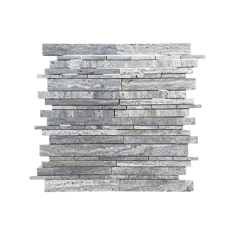 Blue Travertine Random-Strip Mosaic Brushed&Semi-Polished