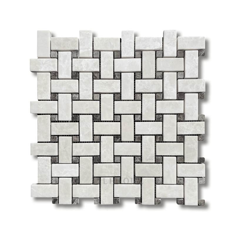 Botticino Cream Marble Basketweave Mosaic W/Emperador Dark Dots Polished