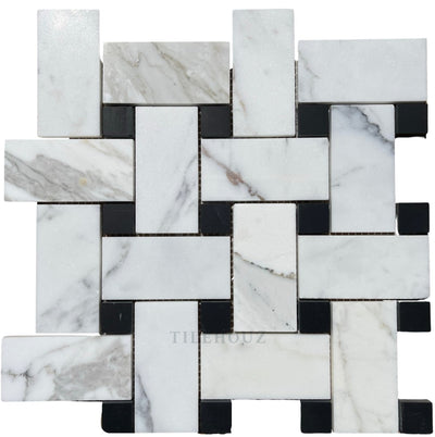 Calacatta Gold Marble Large Basketweave Mosaic W/black Dots Polished/honed