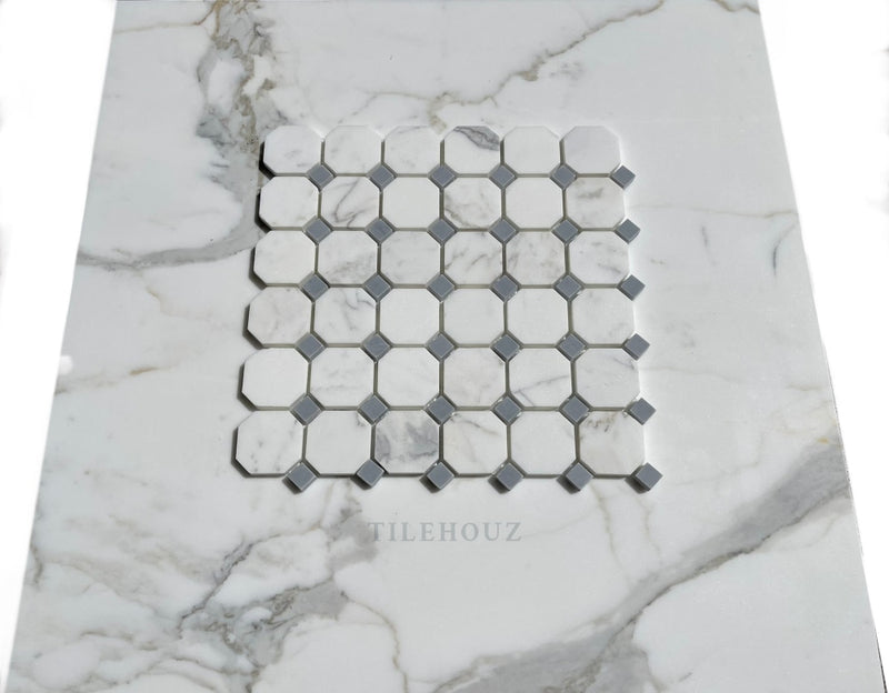 Calacatta Gold Marble Octagon Mosaic With/bardiglio-Gray Dots Polished/honed