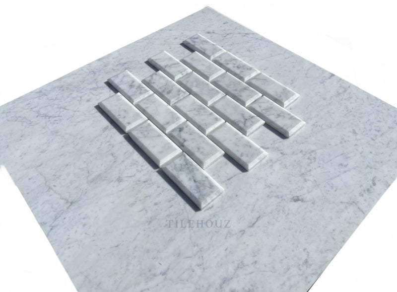 Carrara White Premium Italian Marble 2 X 4 Deep-Beveled Brick Mosaic Tile Polished&Honed Wall &