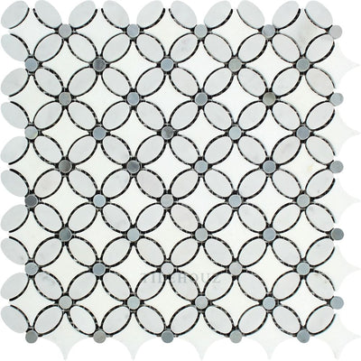 Carrara White Marble Florida Flower Mosaic Tile (Thassos + (Oval) Bardiglio/blue-Gray (Dots))