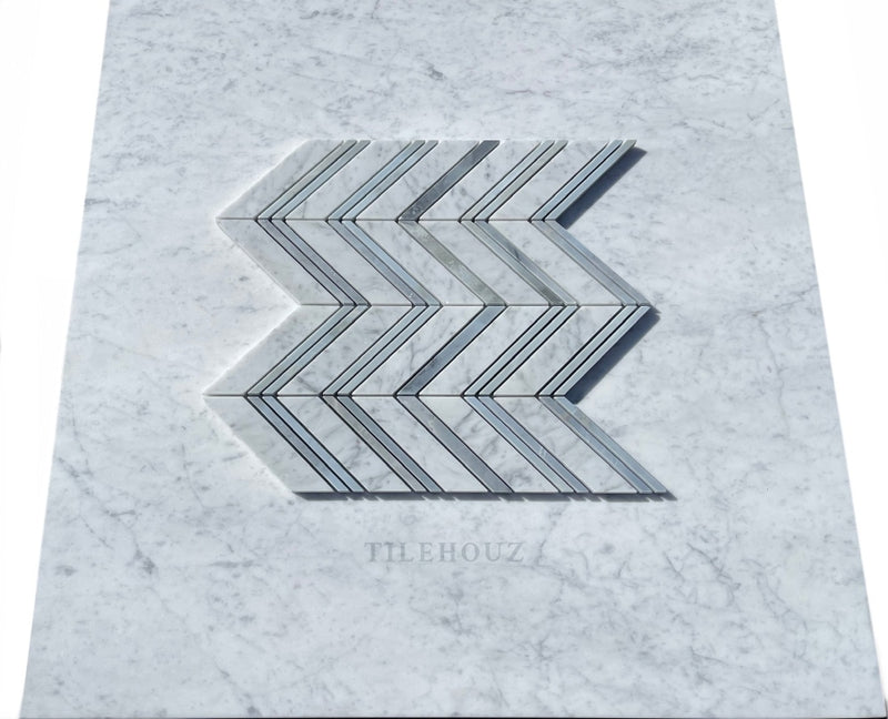 Carrara White Premium Italian Marble Large Chevron Mosaic Tile (Carrara + Bardiglio/Blue-Gray (Thin