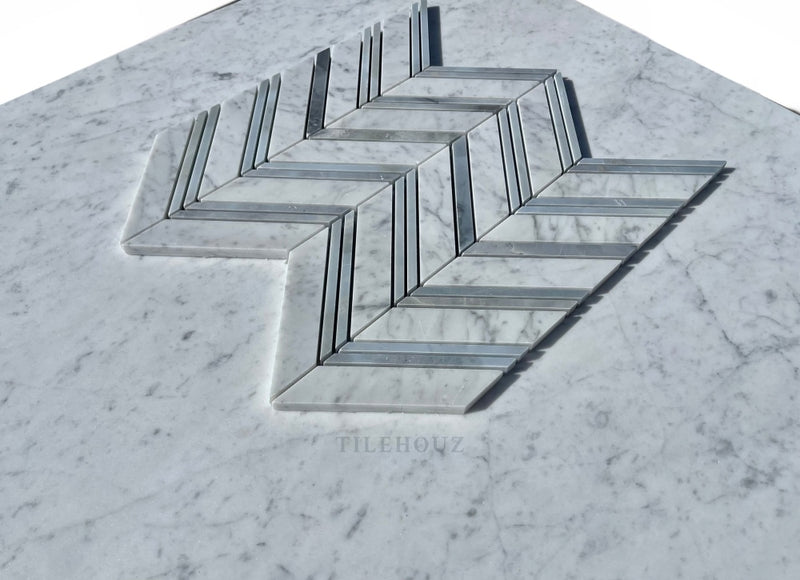 Carrara White Premium Italian Marble Large Chevron Mosaic Tile (Carrara + Bardiglio/Blue-Gray (Thin