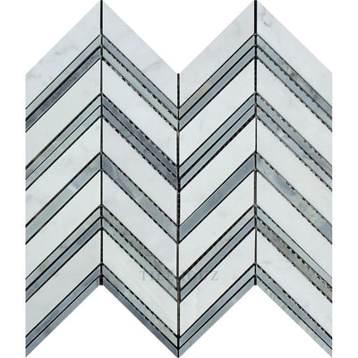 Carrara White Marble Large Chevron Mosaic Tile (Carrara + Bardiglio/blue-Gray (Thin Strips))