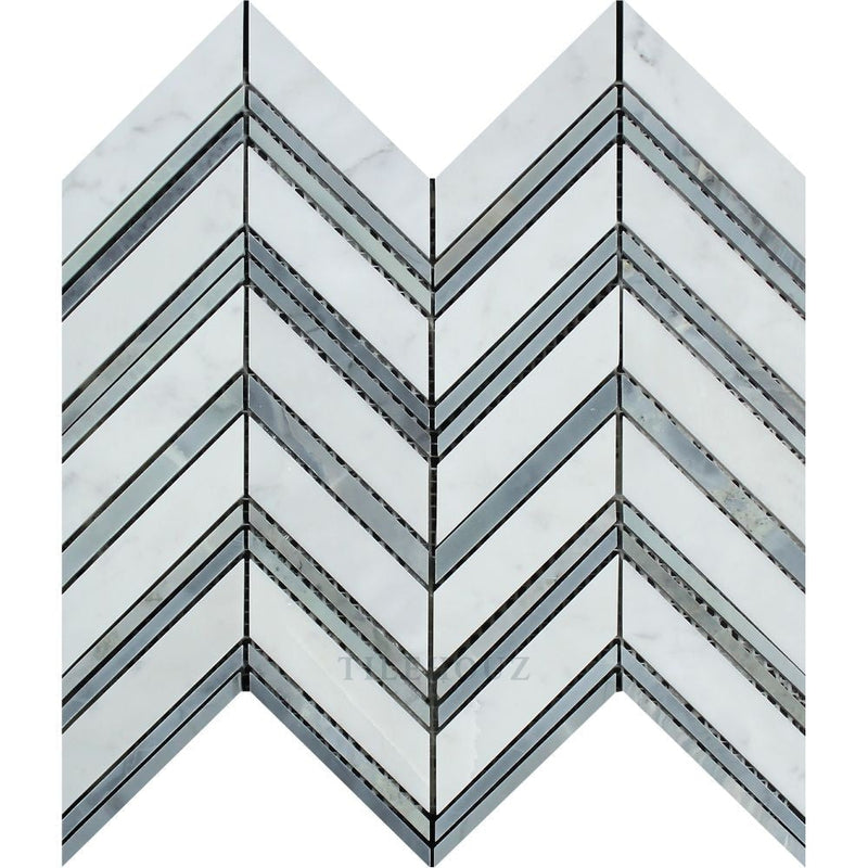 Carrara White Marble Large Chevron Mosaic Tile (Carrara + Bardiglio/blue-Gray (Thin Strips))