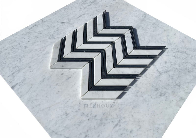 Carrara White Marble Large Chevron Mosaic Tile (Carrara + Black (Thin Strips)) Polished&Honed Wall &