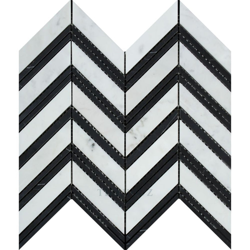 Carrara White Marble Large Chevron Mosaic Tile (Carrara + Black (Thin Strips)) Polished&honed Tiles