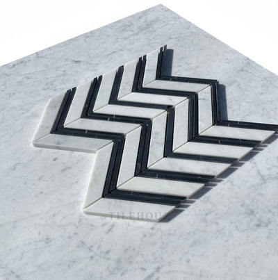 Carrara White Marble Large Chevron Mosaic Tile (Carrara + Black (Thin Strips)) Polished&Honed Wall &