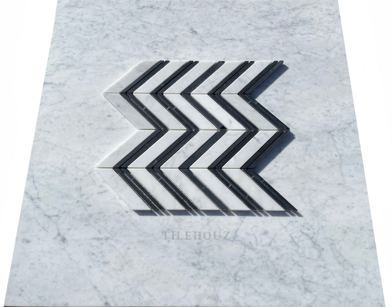 Carrara White Marble Large Chevron Mosaic Tile (Carrara + Black (Thin Strips)) Polished&Honed Wall &