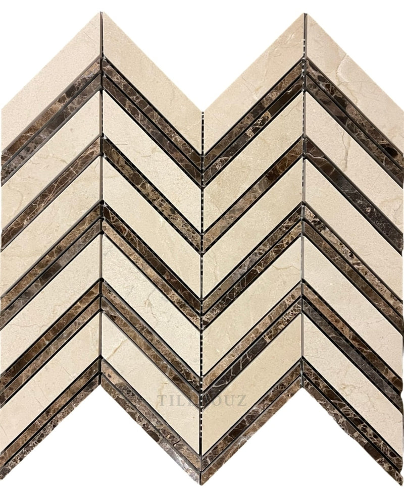 Crema Marfil Marble Large Chevron W/emperador Dark Strips Polished/honed