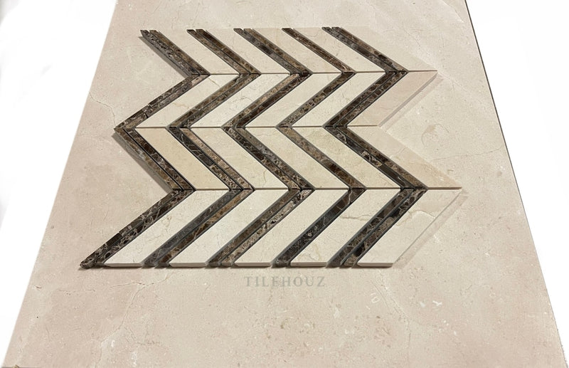 Crema Marfil Marble Large Chevron W/emperador Dark Strips Polished/honed