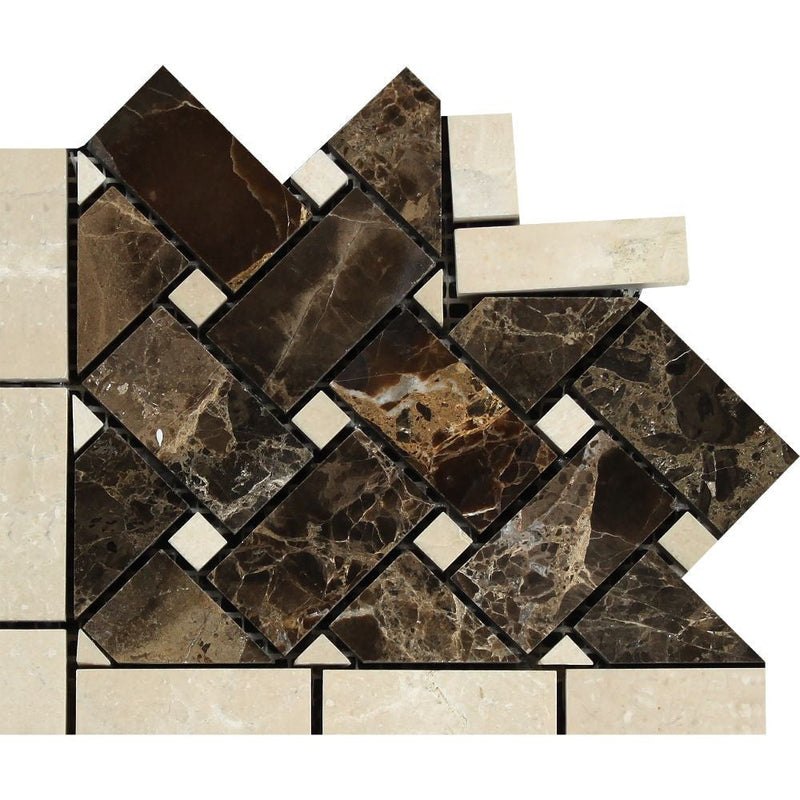 Crema Marfil Emperador Dark Marble Basketweave Corner W/crema Dots Polished&honed Mosaic Tiles