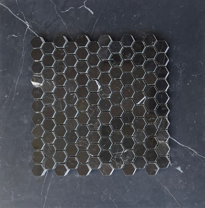 Nero Marquina Marble 1” Hexagon Mosaic Polished/Honed