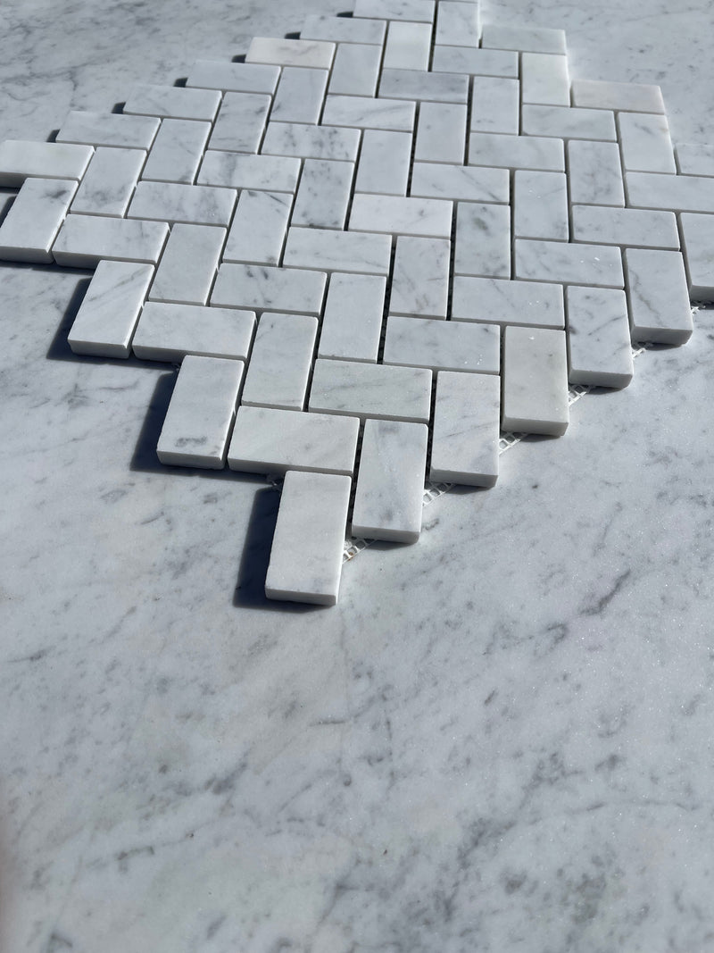 Carrara White Marble 1x2 Herringbone Mosaic Tile Polished&Honed