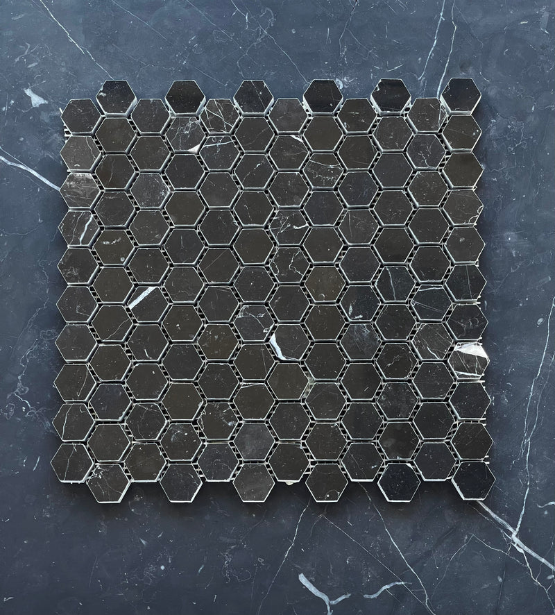 Nero Marquina Marble 1” Hexagon Mosaic Polished/Honed