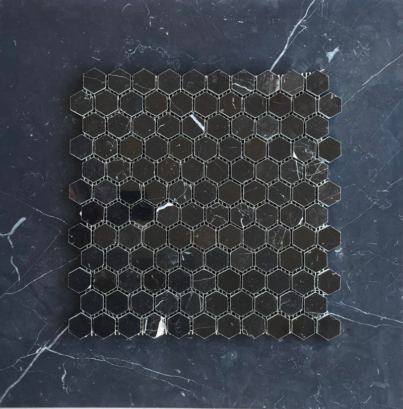 Nero Marquina Marble 1” Hexagon Mosaic Polished/Honed