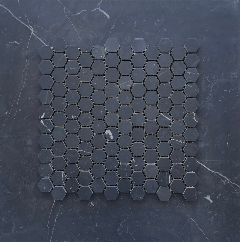 Nero Marquina Marble 1” Hexagon Mosaic Polished/Honed