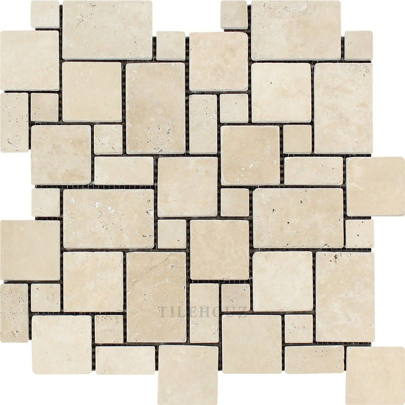 Ivory Tumbled Travertine Mini Versailles Pattern Mosaic Tile Tiles