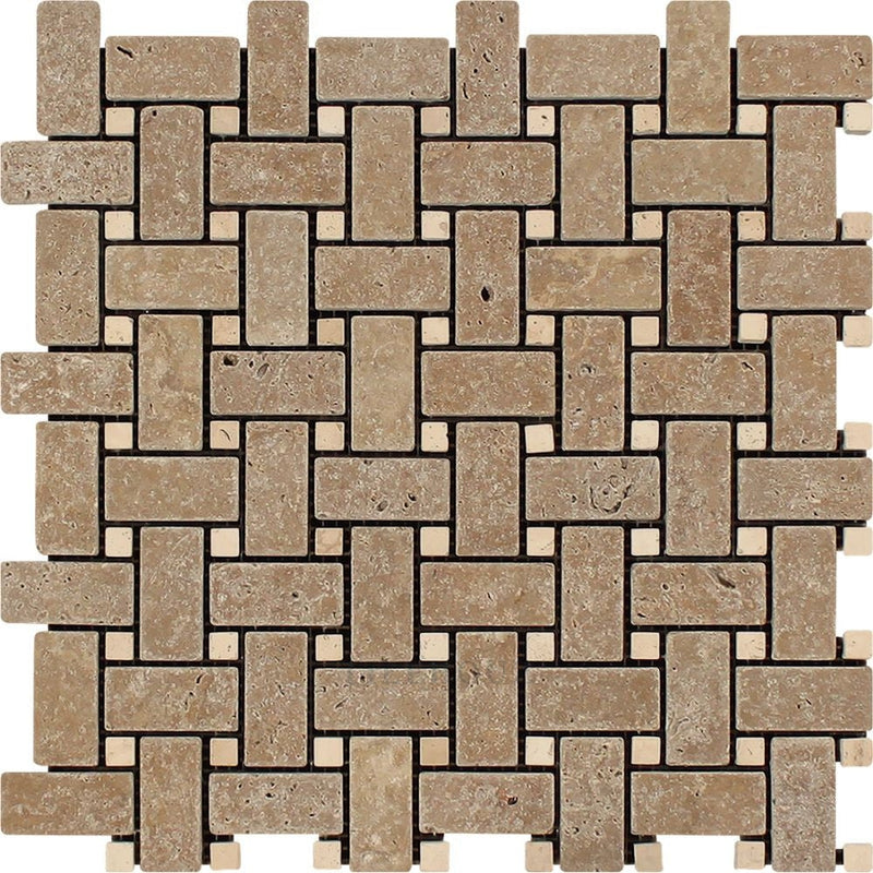 Noce Tumbled Travertine Basketweave Mosaic Tile W/ Ivory Dots Tiles