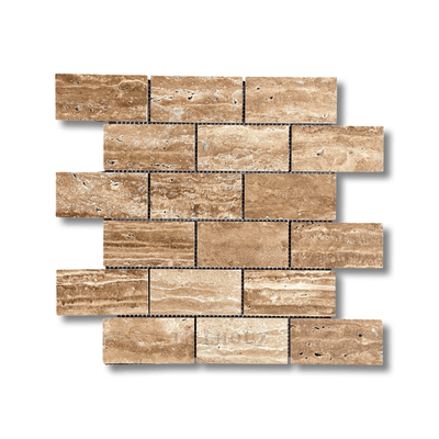 Wood Look Travertine Vein-Cut 2X4 Brick Mosaic